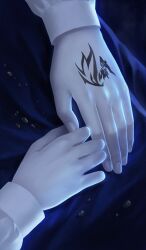 1boy blue_background command_spell commentary fate/apocrypha fate/grand_order fate_(series) hand_focus hand_tattoo lasengle long_sleeves official_art own_hands_together shirt sieg_(fate) solo tattoo third-party_source white_shirt