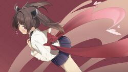 1girl absurdres blue_skirt blush bow box brown_hair closed_mouth feet_out_of_frame flying_sweatdrops gift gift_box hands_on_own_chest headgear heart heart_in_eye highres japanese_clothes kimono long_hair long_sleeves looking_at_viewer looking_to_the_side miniskirt partner_(kprtnr) red_background red_bow red_eyes sidelocks skirt solo symbol_in_eye touhoku_kiritan twintails valentine voiceroid white_kimono