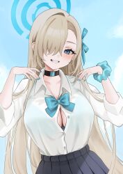 1girl absurdres asuna_(blue_archive) asuna_(school_uniform)_(blue_archive) blonde_hair blue_archive blue_bow blue_bowtie blue_eyes blue_halo blue_nails blush bow bowtie breasts choker cleavage cleavage_cutout clothing_cutout collarbone grey_skirt hair_over_one_eye hair_ribbon halo highres large_breasts long_hair looking_at_viewer m1k0to_zz partially_unbuttoned pleated_skirt ribbon scrunchie shirt skirt sleeves_rolled_up smile solo unbuttoned unbuttoned_shirt very_long_hair white_shirt wrist_scrunchie