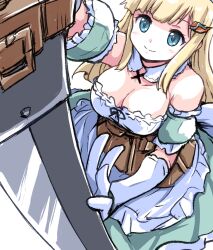1girl aqua_dress aqua_eyes blonde_hair breasts cleavage closed_mouth commentary detached_collar dress elbow_gloves from_above gloves greatsword hair_ornament hairclip highres huge_weapon ikaringo_(ikaringo4444) large_breasts light_blush looking_at_viewer ribbon-trimmed_collar ribbon-trimmed_gloves ribbon_trim senran_kagura smile solo sword weapon yomi_(senran_kagura)