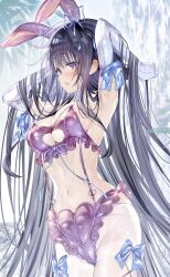 1girl absurdres animal_ears armpits black_hair blue_bow blush bow breasts cleavage cleavage_cutout clothing_cutout commentary_request cowboy_shot elbow_gloves fake_animal_ears gloves heart heart_o-ring highres large_breasts long_hair navel o-ring open_mouth original pantyhose purple_eyes rabbit_ears solo stomach very_long_hair wasemkn water wet white_gloves white_pantyhose