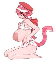 1girl animal_ears belly breasts brown_eyes brown_panties commentary corrupted_twitter_file crop_top daseinsu from_side hashtag-only_commentary highres hololive hololive_english huge_breasts miniskirt muffin_top multicolored_hair panther_ears panther_girl panther_tail panties pasties pink_hair raora_panthera sitting skirt solo streaked_hair sweat tail two-tone_hair underwear virtual_youtuber wariza white_hair white_skirt