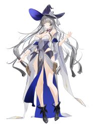 1girl absurdres bare_legs bare_shoulders black_boots black_hat blue_dress boots breasts cleavage collar commentary cross cross_print detached_collar detached_sleeves dress flantia flower full_body grey_dress grey_eyes grey_hair hair_between_eyes hair_spread_out hat hat_flower highres large_breasts large_hat layered_dress long_hair long_sleeves looking_at_viewer multicolored_dress multicolored_hat original purple_collar purple_hat sidelocks simple_background sleeveless sleeveless_dress smile solo transparent_background white_flower witch_hat