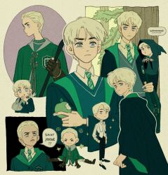 1boy apple arm_sling bag black_robe blonde_hair blue_eyes blue_sweater broom chibi chibi_inset cloak collared_shirt draco_malfoy english_text food fruit furrowed_brow green_robe harry_potter_(series) helen_jee highres holding holding_broom holding_food holding_fruit hood hood_up hooded_cloak male_focus multiple_views necktie parted_bangs quidditch robe shirt short_hair shoulder_bag solo striped_necktie sweater tree white_shirt wizarding_world