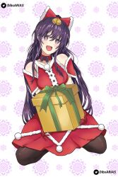 1girl aqualeb blush christmas_present date_a_live gift highres pantyhose purple_eyes purple_hair santa_costume solo yatogami_tohka