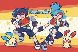 1boy 1girl black_hair black_thighhighs blue_eyes blue_hair blush_stickers capture_styler commentary english_text full_body gen_3_pokemon headband highres itousa jacket lunick_(pokemon) minun nintendo open_clothes open_jacket plusle pokemon pokemon_(creature) pokemon_ranger pokemon_ranger_1 pokemon_ranger_uniform ponytail red_eyes red_headband red_jacket shoes short_hair sneakers solana_(pokemon) symbol-only_commentary thighhighs
