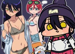 ... 2girls amate_yuzuriha bare_shoulders beanie bikini black_hair black_hat blue_eyes blue_shorts blush bodysuit bra chibi closed_mouth commentary dark-skinned_female dark_skin eyewear_on_head frown gundam gundam_gquuuuuux hair_between_eyes haro hat jazz_jack long_hair mecha_pilot_suit multiple_girls navel non-humanoid_robot normal_suit_(gundam) nyaan_(gundam_gquuuuuux) red_hair robot short_hair shorts speech_bubble spoken_ellipsis sunglasses sweat swimsuit thought_bubble underwear yellow_eyes