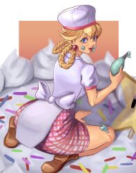 1girl absurdres ass bare_arms blonde_hair blue_eyes bottomless braid breasts buglewdy earrings female_focus food from_behind full_body hair_rings hat highres icing jewelry kneeling licking licking_lips lips lipstick looking_at_viewer looking_back makeup mario_(series) medium_breasts nintendo patissiere_peach princess_peach princess_peach:_showtime! solo super_star_(mario) tongue tongue_out