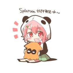 1girl :d animal_ears animal_hood black_shoes blush_stickers chibi crossover fake_animal_ears fang green_skirt hair_between_eyes hair_ornament hairclip hood hood_up hooded_jacket inkling jacket long_sleeves lowres multicolored_hair nijisanji nintendo notice_lines open_clothes open_jacket open_mouth panda_ears panda_hood pink_eyes pink_hair pleated_skirt rebecca_(keinelove) sasaki_saku sasaki_saku_(1st_costume) shadow shoes short_eyebrows simple_background sitting skirt sleeves_past_wrists smile splatoon_(series) streaked_hair thick_eyebrows translation_request virtual_youtuber white_background white_jacket