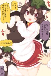 2girls :3 animal_ear_piercing animal_ears apron blush_stickers brown_hair cat_ears cat_tail check_translation chen commentary_request cowboy_shot fang flying_sweatdrops green_headwear hat highres jewelry kappougi kirisame_marisa lolimate long_sleeves mob_cap multiple_girls multiple_tails o_o open_mouth red_eyes rice simple_background tail touhou translation_request trembling two_tails
