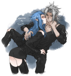 2boys androgynous ass blue_hair crossdressing dress duplicate kingdom_hearts male_focus multiple_boys saix silver_hair toujou_sakana trap white_background xemnas yaoi
