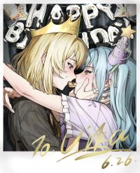 Rule 34 | 2girls, absurdres, arms around neck, bang dream!, bang dream! it&#039;s mygo!!!!!, black shirt, blonde hair, blue hair, blush, character name, chinese commentary, commentary request, crown, dated, eye contact, food, food on face, hand on another&#039;s face, happy birthday, hat, hero45439083942, highres, looking at another, medium hair, misumi uika, mouth hold, multiple girls, party hat, polaroid photo, purple eyes, purple hair, purple shirt, sharing food, shirt, togawa sakiko, two side up, upper body, yellow eyes, yuri