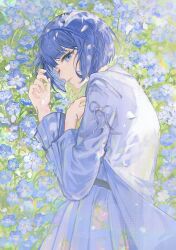 1girl blue_dress blue_flower blue_hair dress flower frilled_sleeves frills highres kiritani_haruka koppan looking_at_viewer lying meadow on_side one_eye_closed parted_lips pleated_skirt project_sekai short_hair skirt solo wide_sleeves
