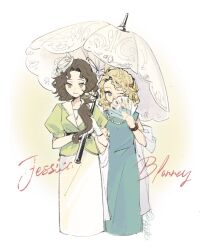 2girls aqua_dress artist_name blonde_hair blonney brown_hair character_name china_dress chinese_clothes covered_mouth cowboy_shot dress fan_over_face folding_fan gloves green_eyes green_jacket hair_over_shoulder hand_fan hat highres holding holding_fan holding_umbrella jacket jessica_(reverse:1999) jewelry locked_arms long_hair looking_at_viewer low_ponytail multiple_girls necklace one_eye_closed pearl_necklace pillbox_hat ponytail procreate_(medium) purple_eyes reverse:1999 sanwei_tangdou scarf short_sleeves signature smile umbrella umbrella_over_shoulder white_background white_dress white_gloves white_hat white_scarf white_umbrella