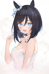 1girl :d absurdres animal_ears auui bare_arms bare_shoulders black_hair blue_eyes blush breasts cleavage collarbone commentary eishin_flash_(umamusume) hair_between_eyes hand_up highres horse_ears looking_at_viewer medium_breasts naked_towel open_mouth ruffling_hair smile solo towel umamusume wet wet_hair