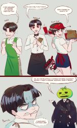 1boy 1girl absurdres alternate_costume apron black_bow black_hair bow english_text hand_up hat highres holding holding_pen long_sleeves maruko_gaku mask mask_on_head multiple_views notepad one_leg_raised oosuzuki_kurara parted_bangs parted_hair pen red_eyes red_hat roller_skates shirt skates speech_bubble the_hundred_line_-last_defense_academy- tomato white_shirt
