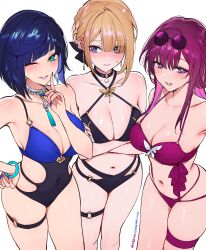 Rule 34 | 3girls, absurdres, alternate costume, bikini, black bikini, black choker, blonde hair, blue hair, blue nails, blush, breasts, choker, cleavage, collarbone, covered navel, criss-cross halter, crossed arms, crossover, diagonal bangs, earrings, evelyn chevalier, eyes visible through hair, eyewear on head, feet out of frame, genshin impact, glasses, green eyes, halterneck, hand on own hip, hand up, highres, honkai: star rail, honkai (series), jewelry, kafka (honkai: star rail), large breasts, long hair, looking at viewer, mole, mole on breast, mole under eye, multiple girls, nail polish, navel, one-piece swimsuit, one eye closed, paid reward available, parted lips, patreon username, pince-nez, purple bikini, purple eyes, purple hair, qiandaiyiyu, short hair, sidelocks, simple background, skindentation, smile, standing, stomach, swimsuit, symbol-shaped pupils, thigh strap, tongue, tongue out, white background, yelan (genshin impact), zenless zone zero