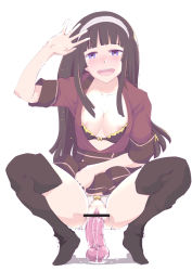 1girl arm_up black_hair blue_eyes blunt_bangs blush bra breasts breasts_out censored cleavage crotchless crotchless_panties dildo dildo_riding female_focus female_masturbation gundam gundam_g_no_reconguista hairband hime_cut long_hair manny_ambassada masturbation object_insertion open_mouth panties pussy pussy_juice sex_toy smile solo spread_legs squatting thighhighs touge_hiro underwear vaginal vaginal_object_insertion waving