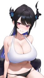 1girl absurdres asymmetrical_horns bare_shoulders black_hair black_panties black_wings blue_hair breasts cleavage collarbone colored_inner_hair crystal_horns demon_horns feathered_wings flower gototo_touma highres hololive hololive_english horn_flower horns large_breasts long_hair looking_at_viewer low_wings midriff mole mole_under_eye multicolored_hair navel nerissa_ravencroft panties ponytail red_eyes simple_background smile solo sports_bra thighs thong two-tone_hair underwear uneven_horns very_long_hair virtual_youtuber white_background white_sports_bra wings