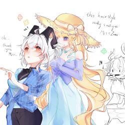 3girls absurdres alternate_costume bare_shoulders black_horns black_pants blue_dress blue_eyes blue_shirt blush breasts ciaccona_(wuthering_waves) closed_mouth collared_shirt commentary curled_horns dress english_commentary english_text hat highres horns large_breasts long_hair looking_at_another mikori multicolored_hair multiple_girls musical_note pants parted_lips phoebe_(wuthering_waves) purple_shirt red_eyes shirt simple_background smile straw_hat streaked_hair white_background white_hair wuthering_waves zani_(wuthering_waves)