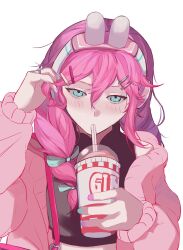 1girl animal_ear_headphones animal_ears aubrey_(birthday)_(omori) aubrey_(faraway)_(omori) aubrey_(omori) bag bare_shoulders black_shirt blue_bow blue_eyes blue_nails bow braid cardigan chinese_commentary commentary_request crop_top cropped_shirt cup disposable_cup drinking drinking_straw drinking_straw_in_mouth fake_animal_ears fenda191208 from_above hair_bow hair_ornament hair_over_shoulder hand_in_own_hair hands_up headphones heart highres holding holding_cup jewelry long_hair long_sleeves looking_at_viewer midriff multicolored_nails nail_polish official_alternate_costume official_alternate_hairstyle omori open_cardigan open_clothes pale_skin pink_bag pink_cardigan pink_hair pink_nails puffy_long_sleeves puffy_sleeves purple_nails rabbit_ear_headphones ring shirt shoulder_bag simple_background sleeveless sleeveless_shirt solo twin_braids upper_body upturned_eyes white_background