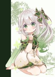 1girl :o bare_shoulders barefoot commentary_request dress genshin_impact gradient_hair green_eyes green_hair grey_background grey_hair hand_up head_tilt highres looking_at_viewer multicolored_hair nahida_(genshin_impact) parted_lips pointy_ears rino_cnc seiza side_ponytail sitting sleeveless sleeveless_dress solo twitter_username white_dress