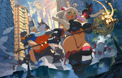 1boy 1other 2girls :d ahoge animal_nose arm_up armor backpack bag bare_legs bare_shoulders bikini bikini_armor black_bag black_bikini black_gloves black_shorts blue_hoodie blue_shoes breasts breasts_apart building cape cloud curvy dagger dark-skinned_female dark_skin fang fantasy furry furry_male gloves green_eyes grey_fur hair_between_eyes hands_up highleg highleg_bikini holding holding_dagger holding_knife holding_staff holding_weapon hood hood_down hood_up hoodie hug huge_breasts knife legs_apart legs_together light_blush long_hair long_sleeves looking_at_viewer looking_back multiple_girls muscular muscular_male navel nouzui open_mouth orange_eyes original outdoors pants red_eyes shoes short_hair short_shorts shorts skin_fang sleeveless smile socks staff standing standing_on_one_leg stomach straight_hair swimsuit thick_arms thick_eyebrows thick_thighs thigh_armor thighs thong_bikini weapon white_cape white_hair white_hoodie white_pants white_socks wide_hips