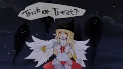 1girl bangle bikini black_sky blonde_hair bracelet bracer braid breasts colored_skin commentary_request cowboy_shot feather_trim feathered_wings ghost grey_skin half_up_braid jewelry long_hair looking_at_viewer medium_breasts navel night open_mouth pochiko_(poteko) pointy_ears ragnarok_online red_eyes sky smile solo star_(sky) starry_sky swimsuit trick_or_treat wanderer_(ragnarok_online) white_bikini white_wings wings