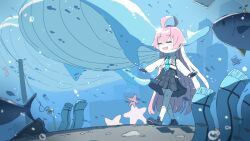 1girl =_= black_footwear black_gloves black_skirt blue_archive blue_necktie blue_scarf cityscape closed_eyes commentary contrapposto cowlick fingerless_gloves fish full_body glasses gloves highres hoshino_(blue_archive) kuragesensei long_hair necktie ocean open_mouth pink_hair plaid_clothes plaid_skirt scarf shirt skirt smile socks solo starfish underwater utility_pole whale white_shirt white_socks