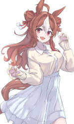 1girl :d absurdres ahoge alternate_costume animal_ears breasts brown_hair claw_pose commentary copano_rickey_(umamusume) double_bun ear_covers fang hair_between_eyes hair_bun hair_ribbon highres horse_ears horse_girl horse_tail large_breasts long_hair long_sleeves looking_at_viewer multicolored_hair nail_polish nazmocha open_mouth pink_eyes red_ribbon ribbon simple_background skin_fang skirt smile solo streaked_hair sweater tail umamusume white_background white_hair white_skirt