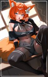 1girl absurdres animal_ears bare_shoulders black_hoodie black_shorts black_thighhighs blue_eyes bodysuit breasts brown_bodysuit cleavage cleavage_cutout clothing_cutout commentary commission covered_navel crop_top crop_top_overhang detached_sleeves drawstring gomi_(gomiwaan) hand_up highres hood hood_down hoodie large_breasts looking_up medium_hair no_shoes open_fly open_mouth orange_hair original see-through_cleavage see-through_clothes short_shorts shorts sitting solo spread_legs tail thighhighs tongue tongue_out