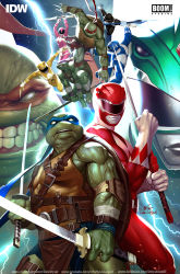 2girls 6+boys adam_park aisha_campbell arm_guards armor belt black_bodysuit blue_bodysuit bodysuit boots bow bow_(weapon) commentary crossover dagger dino_buckler donatello_(tmnt) dragon_ranger dual_wielding english_commentary footninja gloves gold_armor gold_trim green_bodysuit helmet highres holding holding_bow_(weapon) holding_dagger holding_knife holding_staff holding_sword holding_weapon in-hyuk_lee katana kimberly_ann_hart knife leonardo_(tmnt) looking_at_viewer mammoth_ranger mask michelangelo_(tmnt) mighty_morphin_black_ranger mighty_morphin_blue_ranger mighty_morphin_green_ranger mighty_morphin_pink_ranger mighty_morphin_power_rangers mighty_morphin_red_ranger mighty_morphin_yellow_ranger multiple_boys multiple_girls ninja ninjatou nunchaku official_art pink_bodysuit power_rangers power_rangers_(boom!_studios) ptera_ranger raphael_(tmnt) realistic red_bodysuit rocky_desantos sai_(weapon) short_sword shoulder_armor staff sword teenage_mutant_ninja_turtles tiger_ranger tommy_oliver tricera_ranger turtle tyranno_ranger weapon william_cranston yellow_bodysuit