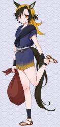 Rule 34 | 1girl, absurdres, air shakur (umamusume), alternate costume, animal ears, ankle grab, anklet, asymmetrical bangs, bag, black hair, blue kimono, blush, closed mouth, ears through headwear, eyebrow piercing, face piercing, full body, headscarf, highres, holding, holding bag, horse ears, horse girl, horse tail, japanese clothes, jewelry, kimono, looking at viewer, orange eyes, piercing, samedonburi, sandals, sash, seigaiha, short hair, short kimono, sleeves rolled up, solo, standing, standing on one leg, tail, umamusume, waraji, wristband