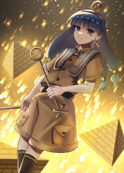 1girl belt black_belt black_socks blue_hair blunt_bangs brown_shirt brown_shorts buttons closed_mouth collared_shirt commentary dutch_angle earrings facial_tattoo feet_out_of_frame fossilized_wonders gold_earrings hair_bobbles hair_ornament headpiece highres holding holding_scepter jewelry key key_earrings kinono_maru kneehighs light_particles long_hair looking_at_viewer low-tied_long_hair michigami_nareko pocket pyramid_(structure) scepter serious shirt short_sleeves shorts socks solo standing tattoo touhou v-shaped_eyebrows