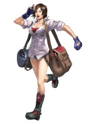 Rule 34 | 1girl, ;d, bag, blue bag, blue gloves, boots, breasts, brown bag, brown eyes, brown hair, buttons, cleavage, collared shirt, denim, denim shorts, fingerless gloves, full body, game cg, gloves, highres, indoors, junny, kazama asuka, large breasts, looking at viewer, official art, one eye closed, open mouth, partially unbuttoned, salute, shirt, short hair, short shorts, short sleeves, shorts, shoulder bag, simple background, smile, solo, star (symbol), strapless, suspender shorts, suspenders, suspenders hanging, teeth, tekken, tekken 7, tube top, two-finger salute, upper teeth only, walking, white background, white shirt