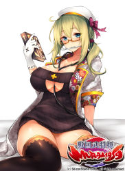 1girl bad_id bad_pixiv_id between_breasts black_thighhighs blonde_hair blue_eyes book bow breasts cleavage_cutout clothing_cutout dress female_focus glasses gloves hair_bow hat inayama lace lace-trimmed_legwear lace_trim large_breasts legs luis_almeida_(sengoku_bushouki_muramasa) mouth_hold official_art scalpel semi-rimless_eyewear sengoku_bushouki_muramasa sitting solo stethoscope striped thighhighs thighs under-rim_eyewear underboob underboob_cutout vertical_stripes wariza white_gloves