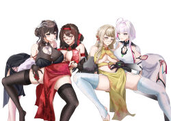 4girls absurdres bare_shoulders black_dress black_gloves black_thighhighs blue_eyes breast_curtains breasts bridal_gauntlets brown_eyes brown_hair china_dress chinese_clothes chinese_commentary cleavage cleavage_cutout closed_mouth clothing_cutout commentary_request covered_navel dress elbow_gloves flower garter_straps glasses gloves gradient_gloves hairband hand_on_another&#039;s_stomach highres large_breasts long_hair multicolored_hair multiple_girls original pelvic_curtain pink_hair red-framed_eyewear red_dress red_flower red_hairband red_lips red_rose rose side_slit simple_background skindentation smile spread_legs stirrup_legwear streaked_hair tassel thighhighs toeless_legwear white_background white_dress white_gloves white_hair white_thighhighs yellow_dress ymx20021021 yuri