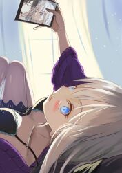 1girl blue_eyes blush bow breasts cellphone collarbone commentary_request embarrassed fate/grand_order fate_(series) fujimaru_ritsuka_(male) grey_hair highres inugami86 large_breasts long_hair looking_at_viewer morgan_le_fay_(fate) pectorals phone selfie shy smile taking_picture thighs very_long_hair
