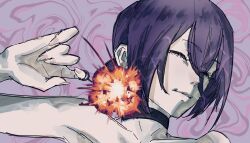 1girl black_choker chainsaw_man cheshire_nek choker closed_eyes closed_mouth explosion grenade_pin hair_between_eyes highres purple_hair reze_(chainsaw_man) solo