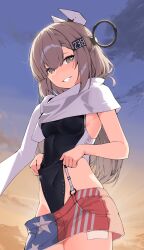 1girl absurdres american_flag american_flag_print american_flag_skirt black_one-piece_swimsuit breasts clothes_pull covered_navel cowboy_shot denim denim_skirt flag_print grey_eyes grin hair_ornament headgear highleg highleg_one-piece_swimsuit highres kantai_collection long_hair looking_at_viewer one-piece_swimsuit one-piece_swimsuit_pull print_skirt pulling_own_clothes scarf skirt sky smile solo sunrise swimsuit two-tone_one-piece_swimsuit unidentified_nk wahoo_(kancolle) white_scarf