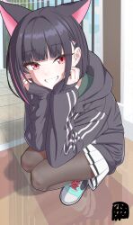 1girl absurdres animal_ears aqua_shoes black_hair black_hoodie black_pantyhose blue_archive cat_ears extra_ears grin halo hands_on_own_chin highres hood hoodie indoors kazusa_(blue_archive) long_sleeves multicolored_hair pantyhose pink_eyes pink_hair pink_halo pleated_skirt shoes skirt smile solo squatting streaked_hair tabatabata_(batabata) white_skirt