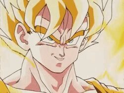animated animated_gif aura blonde_hair dragon_ball energy green_eyes impact_frame lowres muscular muscular_male powering_up serious smirk son_goku spiked_hair super_saiyan tagme transformation trunks_(dragon_ball) trunks_(future)_(dragon_ball)