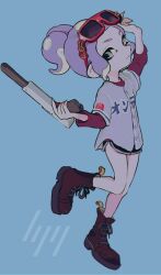 Rule 34 | 1girl, adjusting eyewear, black shorts, blue background, boots, commentary, eyewear on head, fingernails, full body, grey eyes, holding, holding weapon, imaikuy0, jersey, n-zap (splatoon), nintendo, octoling, octoling girl, octoling player character, ponytail, purple hair, red-framed eyewear, red boots, red shirt, sharp fingernails, shirt, short hair, shorts, sidelocks, solo, splatoon (series), standing, standing on one leg, sunglasses, symbol-only commentary, tentacle hair, three-quarter sleeves, weapon