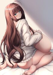 1girl ahoge arashiki_mamizu ass backboob blue_eyes blue_panties blunt_bangs breasts breasts_on_lap breasts_out brown_hair cameltoe closed_mouth feet female_focus from_behind full_body gigantic_breasts hands_on_own_chest head_tilt highres indoors light_blush long_hair long_sleeves looking_at_viewer looking_to_the_side no_pants on_bed original oversized_clothes panties sagging_breasts seiza shiny_skin sideboob sidelocks sitting sleeves_past_wrists soles solo sweater swept_bangs thick_thighs thighs toes underwear very_long_hair white_background white_sweater