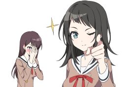 Rule 34 | 2girls, bang dream!, bang dream! it&#039;s mygo!!!!!, black hair, blue eyes, brown dress, brown hair, commentary, dress, embarrassed, hanasakigawa school uniform, hands on own face, hashtag-only commentary, highres, long hair, medium hair, mole, mole under eye, multiple girls, neck ribbon, one eye closed, ora (oraora oekaki), pointing, pointing at viewer, purple eyes, red ribbon, ribbon, sailor collar, sailor dress, school uniform, shiina taki, simple background, sparkle, white background, white sailor collar, yahata umiri