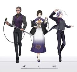1girl 2boys belt black_belt black_pants black_shoes black_suit brown_hair champagne_flute closed_mouth cup drinking_glass ear_piercing formal_clothes fuwa_minato fuwa_minato_(2nd_costume) glasses grey_hair grey_vest gwelu_os_gar highres holding holding_cup holding_microphone_stand holding_whip jip long_sleeves looking_at_viewer microphone_stand multicolored_hair multiple_boys necktie night_kingdom_(nijisanji) nijisanji open_mouth orange_eyes pants piercing pointy_ears purple_hair purple_necktie red_hair shirayuki_tomoe shirayuki_tomoe_(2nd_costume) shoes suit vest virtual_youtuber whip white_background white_belt