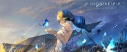 1girl armlet artist_name bare_shoulders blue_butterfly blue_veil bug building butterfly character_name cloud commentary dress english_commentary grass highres insect jewelry lewdlily66 outdoors purple_eyes silver_armlet sky solo shorekeeper_(wuthering_waves) two-tone_veil veil white_dress white_veil wuthering_waves