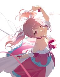 1girl absurdres arm_up armband bang_dream! bare_shoulders bow breasts chenshijian chest_bow choker cleavage collarbone commentary dress frilled_armband frills hair_ribbon highres layered_dress long_hair looking_at_viewer maruyama_aya one_eye_closed open_mouth pink_bow pink_choker pink_dress pink_eyes pink_hair ribbon signature smile solo strapless strapless_dress twintails v v_over_head white_armband white_background white_ribbon white_wings wings wrist_bow