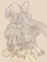 3girls ainu_clothes beret closed_eyes crossover hair_ribbon hat highres hisashi_kadota legs long_hair looking_at_viewer mask monochrome multiple_girls nakoruru pants ribbon samurai_spirits sketch smile snk the_king_of_fighters thighs traditional_media