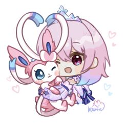 1girl ;3 ;d bare_shoulders blue_hair chibi gen_6_pokemon gradient_hair heart highres honkai:_star_rail honkai_(series) kuroiiart march_7th_(honkai:_star_rail) march_7th_(nascent_spring)_(honkai:_star_rail) multicolored_hair nintendo one_eye_closed open_mouth pink_hair pokemon pokemon_(creature) purple_eyes short_hair simple_background smile sylveon tiara white_background